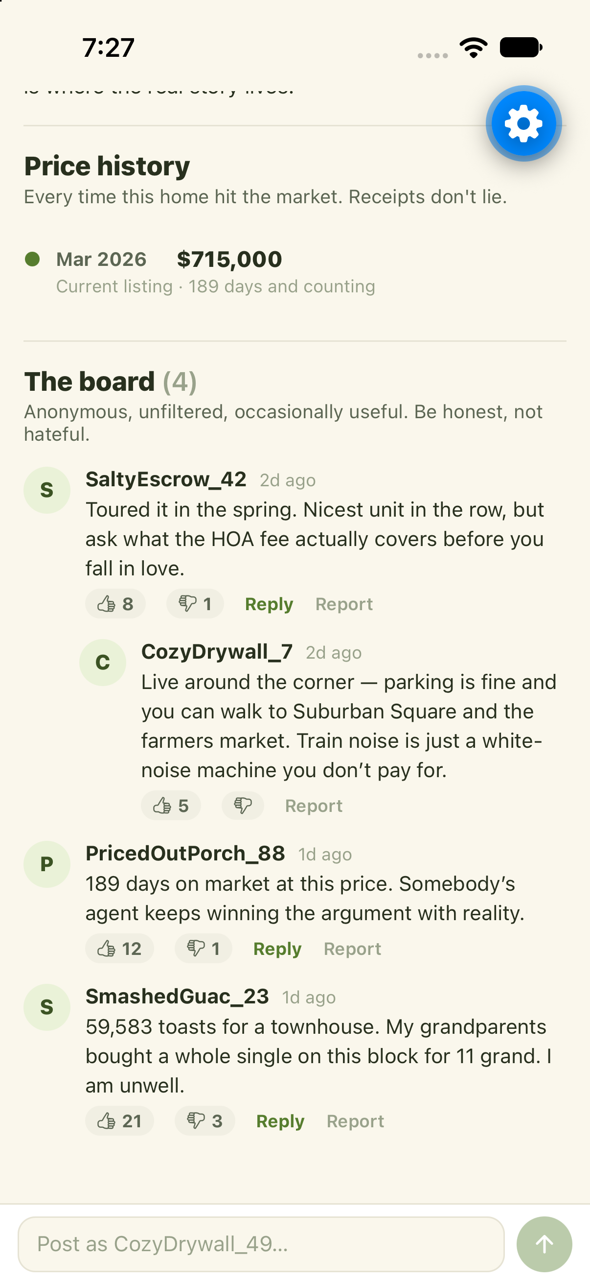 Avocado Toast app showing an anonymous comment board on a home listing